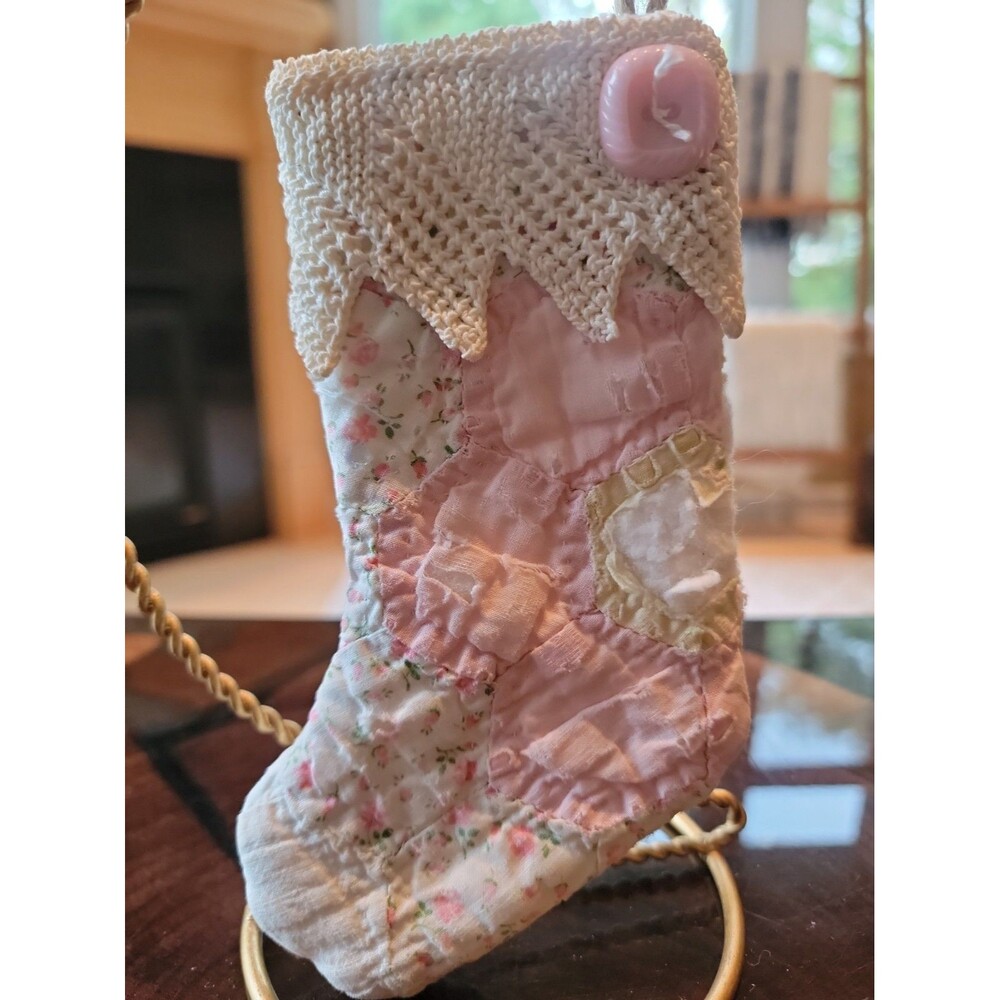 Vtg Mini Christmas Stocking Handmade from Antique Pink Baby Quilt 3x6.5